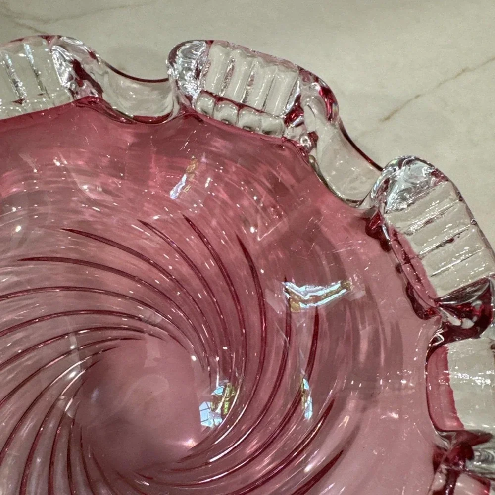 Chalet Canada Hand Made Candy Dish bowl Cranberry Swirl etched Vintage unmarked